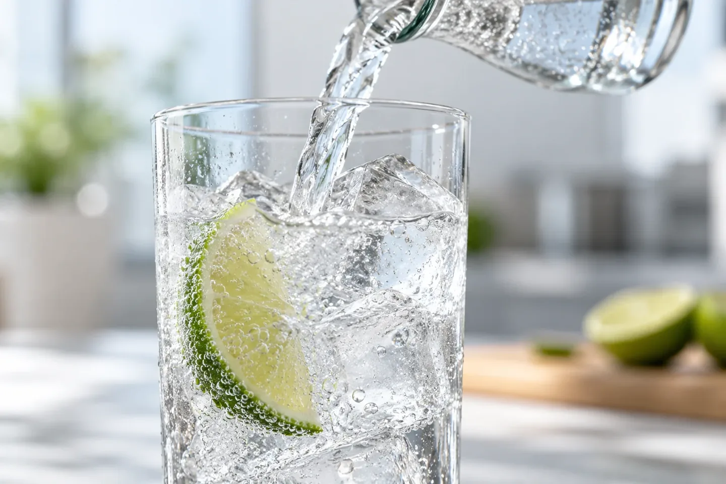 氷とライムの入ったグラスに炭酸を注ぐイメージ